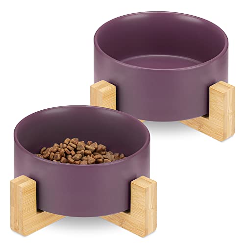 Navaris Ciotole Cani Gatti - 2 Ciotoline in Ceramica Rialzate 850ml con Supporti bambù per Animali Domestici - Scodella Rialzata Cane Gatto - Viola