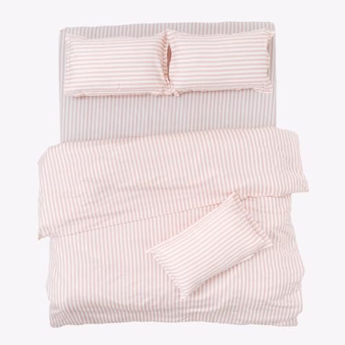 Image of Haus & Kinder Double Bed Bedsheet 90 x 100 | 186 TC Pure Cotton Bed Sheet Double Bed with 2 Pillow Covers | Queen Size Bed Sheet | Momoiro Stripe Peach Pink