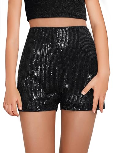 Haloumoning Girls High Waist Sequin Shorts Elastic Straight Leg Sparkly Glitter Party Shorts 5-14 Years Black