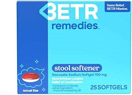 BETR REMEDIES Stool Softener - Docusate Sodium 100mg Constipation Relief - Gentle, Stimulant-Free Laxative for Constipation - 25 Stool Softener Softgels