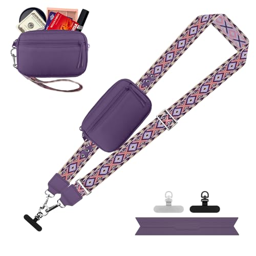 Image of YFWE Clip and Go Strap for Phone with Wallet Crossbody, Adjustable Phone Lanyard with Detachable RFID Wristlet Wallet, Pattern Strap, Dark Purple(M)