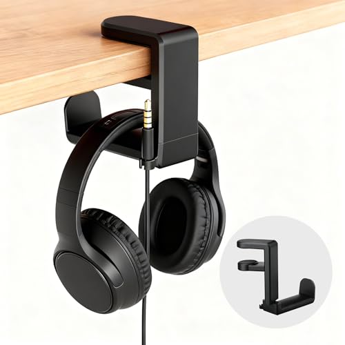 Galiejar Universal Headphone Stand & Headset Holder - 360 Swivel Under Desk Headphone Hook with Cable Management Clip (Black)