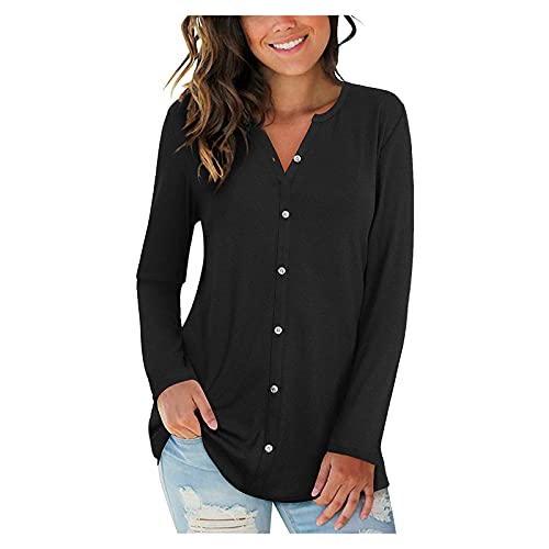 Aniywn Women s Solid Henley Shirt Casual V Neck Button Down Long Sleeve Shirt Plain Tops Blouse Work Office T-Shirt Black