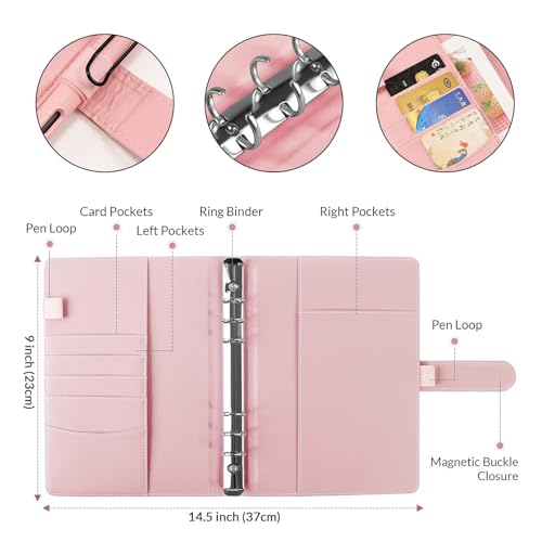 A5 Folder A5 Ring Binder 6 Lock PU Leather Cover Ring Binder A5 Ring Binder (Inner Paper Not Included), Refillable Budget Folder A5 for Travel Work and Organiser (Pink) - Image 4