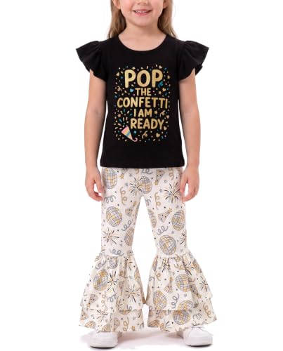 Image of Unique Baby 2 Piece Girls Double Bell Bottom Leggings Outfit with Short Sleeved Shirt Kid and Toddler Clothes Set
