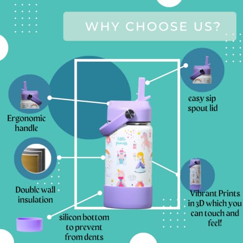 Image of TOM & BELL Kids 350ml Thermos Sipper Bottle for Kids | Toddlers Bottle|Stainless Steel Hot & Cold Water Bottle | Double Walled Vacuum Flask| Rust Resistant| Leakproof. (princess350)