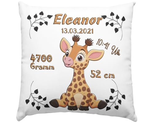 Baby Geschenk Kissen mit Namen und Geburtsdaten - Geburt Junge oder Mädchen Geburtsgeschenk Babykissen -personalisierte Babygeschenke -taufgeschenk von Taufpaten - neugeborenen Motiv Giraffe taufe