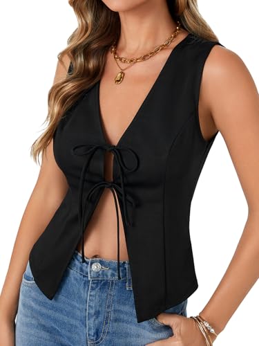 Vrtige Women's Bow Tie Open Front Deep V Neck Sleeveless Sexy Vest Tank Summer Top3