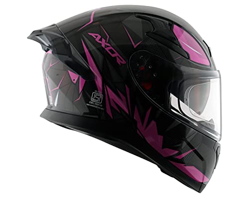 Image of Axor Apex Hunter ISI ECE DOT Certified Full Face Dual Visor Helmet for Men and Women with Pinlock Fitted Outer Clear Visor and Inner Smoke Sun Visor Black & Pink(L)