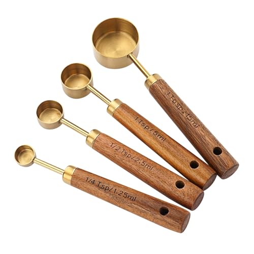 Measuring Spoon Set, 4PCS Food Measure Spoon Measuring Scoop Cups with Wooden Handle for Kitchen Cooking Baking