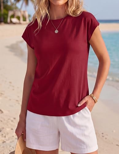 GRECERELLE Womens Summer Tops Cap Sleeve Crew Neck Basic T-Shirt Wine Red — view 3