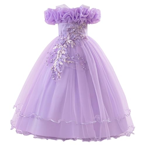 OBEEII Girls Pageant Dress Floral Cold Shoulder Wedding Junior Flower Girl Bridesmaid Tulle Dress Formal Princess Prom Tiered Birthday Party Ball Gown Communion Dance Gown Light Purple 11 Years