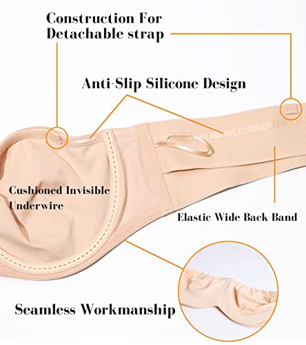 Lemorosy Women's Multiway Strapless Bra Plus Size Unpadded Unlined Minimizer Seamless Bandeau(Beige,34E) - Image 2