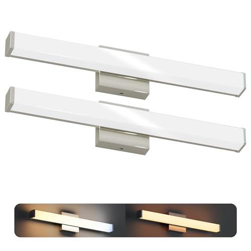 Image of 24 Inch Bathroom Vanity Light Fixtures with Night Light: Long Square Wall Mounted LED Lighting Bar over mirror with 5CCT & 2200K Color Changing, 120V, 1230-1350lm, ETL, Brushed Nickel, 2-Pack