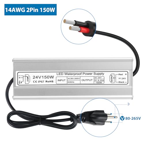 Image of LED Driver 150W 24V Power Supply, IP67 Waterproof Low Voltage Transformer, AC 80-265V to DC 24V 6.25A Converter with 3-Prong Plug 3.3 Feet Cable for Outdoor LED Lights, Industrial, Computer