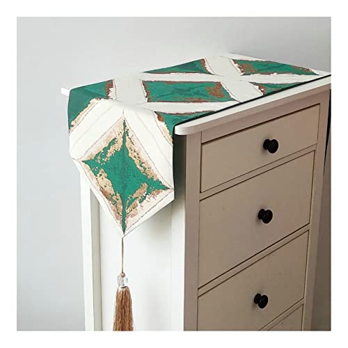 Chemin de table vert en lin et coton géométrique moderne 32x160 cm