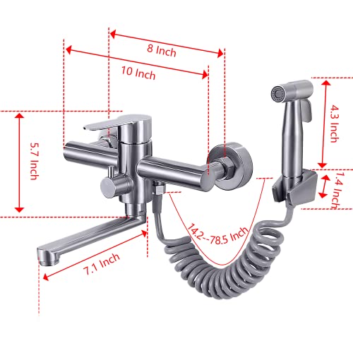 Flwueue Kitchen Sink Faucet Wall Mount 8 Inch Center,Commercial Kitchen Sink Faucet With Side Sprayer, Brushed Nickle Mixer Tap,Laundry Utility Sink Faucet, Spout Reach 7.1" #TOP4