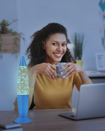 Image of Vanful 13 Inches Blue Glitter Lamp with Hexagonal and Pentagonal Sparkles Large Adored by Adults and Kids for Years, Glitter Blue Night Light for Boys Girls Bedroom Office Decor, Relaxing