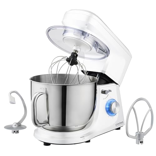 Cooks Professional Stand Mixer 1200W with 6 Speeds & Pulse Function, 7L Stainless Steel Mixing Bowl, Splash Guard, Whisk, Beater & Dough Hook | Electric Kitchen Mixer for Cakes, Bread, Baking | White