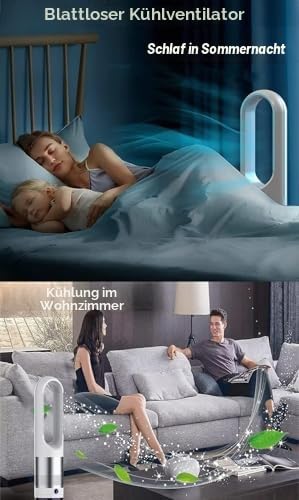 flügelloser Turmventilator mit Luftreiniger, Fernbedienung, 8-Stunden-Timer, 8 Geschwindigkeiten, 80° Oszillation für den Innenbereich