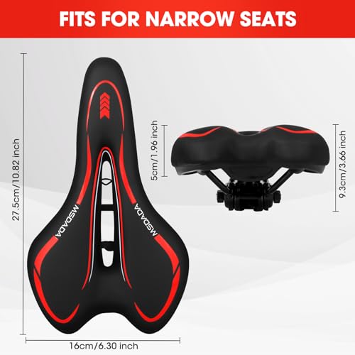 MSDADA Gel Bike Seat Mountain Bike Saddle - Comfortable Bicycle Seats with Soft Cushion Padded for Men Women - Waterproof Bike Saddles for Mountain Bike, Road Bike, City Bike, Exercise Bike - Red