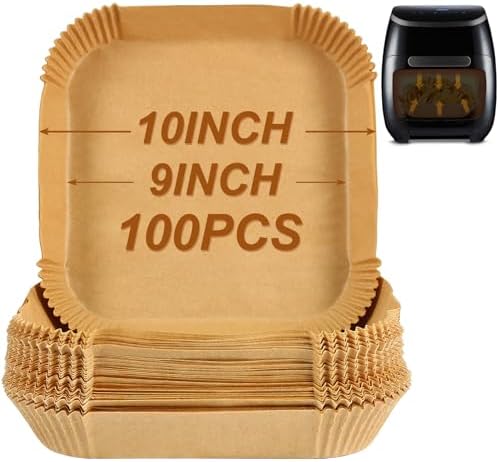 100PCS Disposable Air Fryer Paper Liners - 8 Inch Square, Grease Proof & Non-Stick Parchment, Fits 5-8 QT Baskets