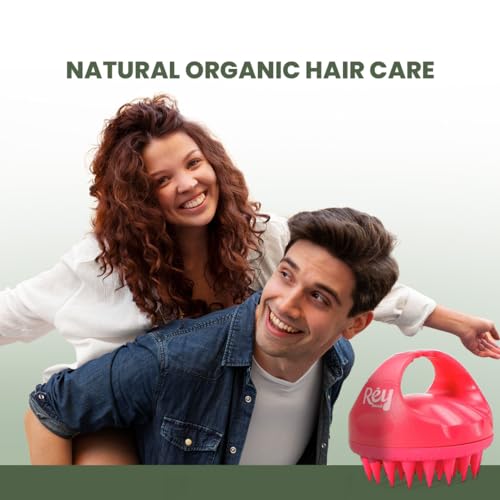Image of Rey Naturals Hair Scalp Massager Shampoo Brush - Hair Growth, Scalp Care, and Relaxation - Soft Bristles for Gentle Massage - Pink Color (Red & Black)