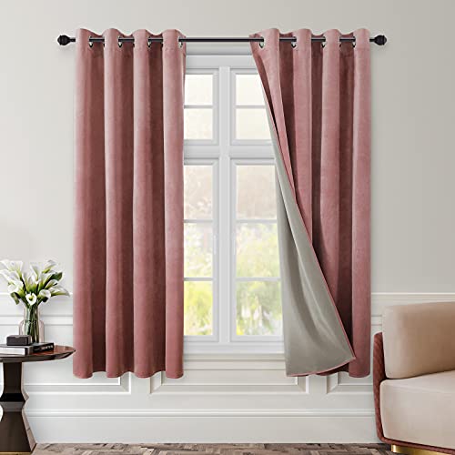 Image of HOMEIDEAS Blush Pink Full Blackout Velvet Curtains,52 X 63 Inch Room Darkening Thermal Insulated Grommet Window Drapes for Bedroom, Living Room, 2 Panels