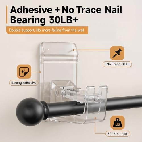 Universal Heavy Duty Curtain Rod Brackets, No Drill Curtain Rod Brackets with Adhesive & Invisible Nail, 30+LB Load Curtain Rod Holders, Damage Free Curtain Rod Hooks for Wall, Bathroom, Kitchen 4PC — view 4