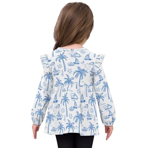 Palm Trees Sailboat Blue Girls Shirts Cotton Long Sleeve Ruffle Toddler Tee Tops4