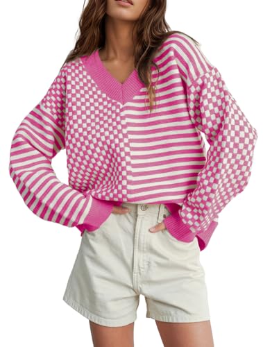 Image of UNCLECAT Womens Striped Checkered Sweater V Neck Fall Trendy Pullover Tops | Long Sleeve, Winter Clothes, Soft Jumpers, Business Casual Outfits, Cute, Fashion, Knitted Sweaters