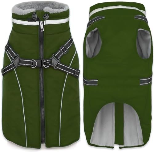 Fragralley Dog Coat with Harness Built in, Waterproof Windproof Reflective Warm Puffer Jacket, Fleece Lined Vest Winter Parka for Small, Medium, Large Dogs​