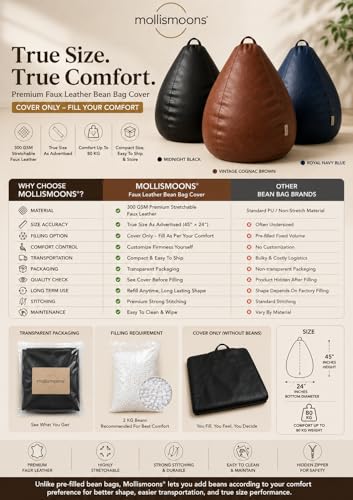Image of Mollismoons Premium 300 GSM Stretchable Faux Leather Bean Bag Cover Only (Without Beans),Bean Bag Chair for Adults & Kids, Gaming, Study, WFH, Indoor Outdoor,45x24Inch (Midnight Black)