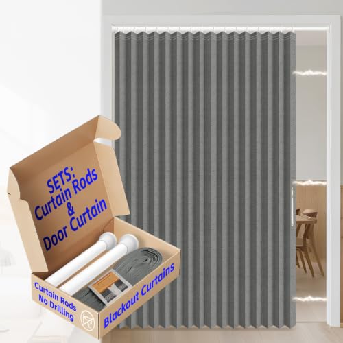 Image of AJAZZ Blackout Sliding Door Curtains with Curtain Rods 52-63 in Length, Magnetic Door Curtain for Bedroom Living Room Doorway Curtain Sets (1 Panel, 72 W x 78 L, Dark Grey)