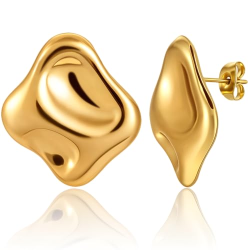 Chunky Gold Stud Earrings for Women fashion, 14k Gold Plated Hypoallergenic Statement Earrings, Dainty Geometric Thick Studs Lightweight Earrings Fashion Jewelry Gifts