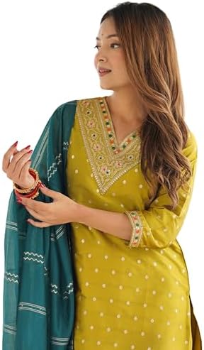 SIRIL Women's Tafetta Jaquard & Sequence Embroidery Straight Kurta with Pant & Dupatta, kurti set for woman (204KBD2164A-4XL_Mustard Green)