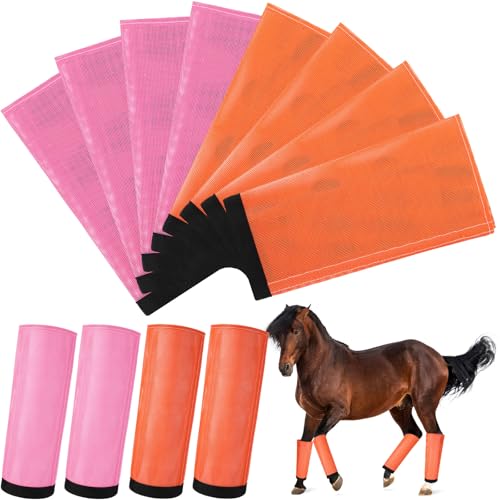 Image of Set of 8 Mesh Fly Boots for Horse Breathable Mesh Horse Boots Protective Loose Wraps Adjustable for Preventing Legs Reduces Flies and Mosquitoes Bites(Orange, Pink,M)