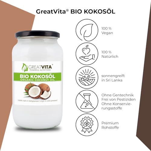 GreatVita Bio Kokosöl, nativ, 1000 ml im Glas zum Kochen Braten Backen