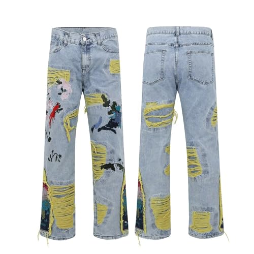 Men Painting Embroidered Patch Washed Pleated Straight Tassels Ripped Jeans