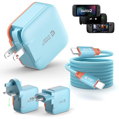 Image of JSAUX 65W GaN USB C Charger for Switch 2, EU /UK Plug, 6.6FT Cable, Blue | Powers in TV Mode, GaN PD Fast Charge for ROG Xbox Ally, Steam Deck, ROG Ally, iPhone 17, Galaxy, Tablet & Laptop