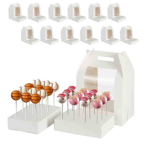 Yinlinsta Cake Pop Boxes - 12 Pcs Portable Candy Boxes with Clear Window & 18 Holes Tall Display Carriers for Lollipops, Candy Pops (White)