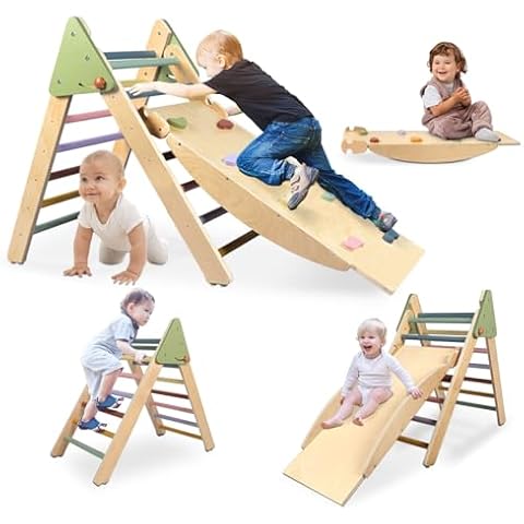 LOL-FUN 4 in 1 Pikler Triangle Set Climber with Ramp & Slide, Large Size Wooden Foldable Toddler Climbing Toys Indoor, Montessori Climbing Toys for Toddlers 1-3 Inside Cover