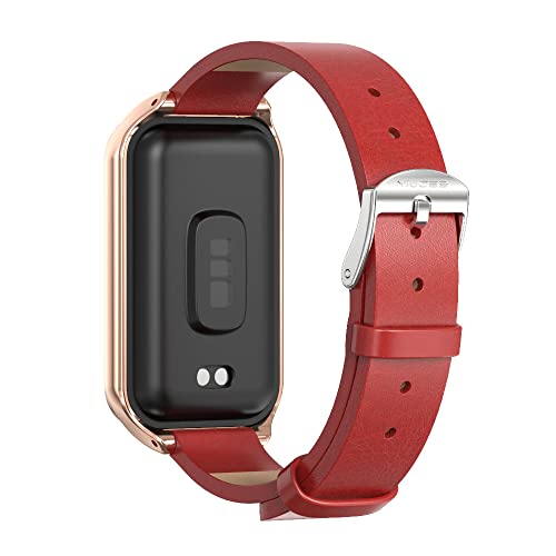 XINGMALY Leather Bands Compatible with Amazfit Band 7 Metal Replacement Strap Wristband Watch (Red)