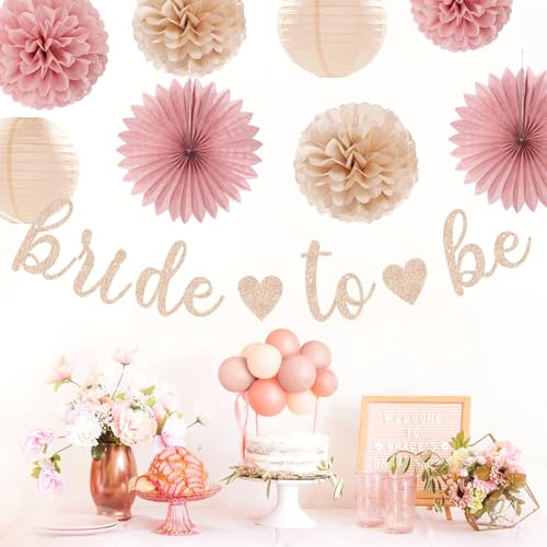 Image of Blush-Pink Rose-Gold Bridal-Shower Fall Party-Decorations - 31pcs Bride to Be Sign Banner,Bachelorette Paper Lanterns,Wedding Streamers Garland,Boho Peach Tissue Pom Poms Fans Decor Supplies Burgleda