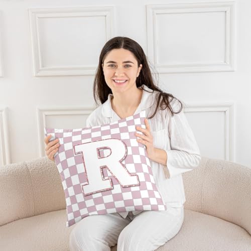 Image of Erosebridal Pink Initial R Throw Pillow Covers 24x24 Set of 2 Kawaii Plaid Checkered Cushion Cover Cute Personalized Monogram Throw Pillow Case for Bed Couch Sofa Fashion Grids Gingham Home Decor