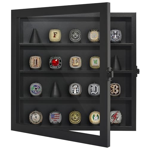 Americanflat 12x12 Championship Ring Display Case with Lock and Key - Hold 20 Rings - Black Ring Case for Jewelry Display with Shatter-Resistant Glass - Freestanding or Wall-Mounted Displays for Rings