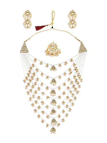 ZAVERI PEARLS Gold Tone Layered Kundan Bridal Long Necklace Earri...