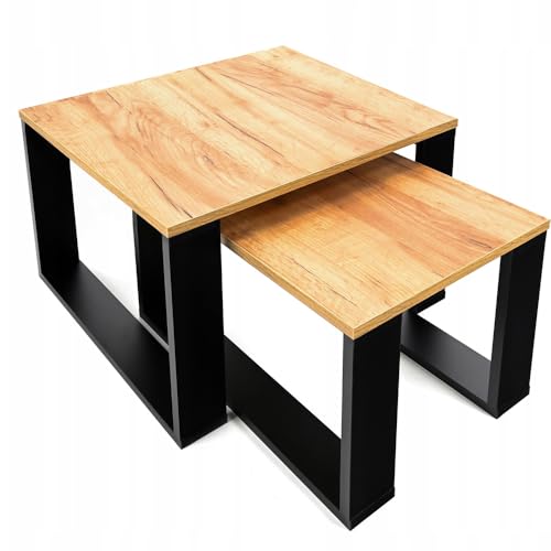 Lehmann Table Basse en Bois, Set de 2 Tables en 2 Tailles, Salon, carrée pour canapé avec piètement Noir et Plateau en Bois, Set de Table d'appoint pour Le Salon – Image 8