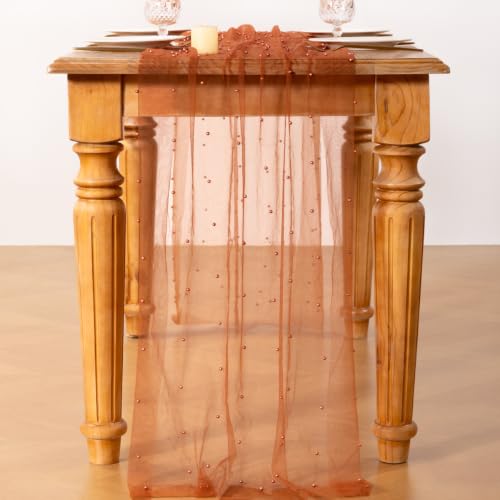 Image of MLMC Terracotta Pearl Table Runner Sheer Tulle Gauze Table Runner 10Ft