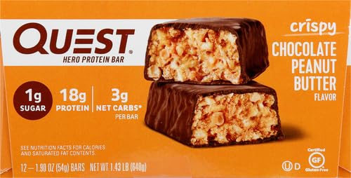 Image of Quest Nutrition Crispy Chocolate Peanut Butter Hero Protein Bar, 18g Protein, 1g Sugar, 3g Net Carb, Gluten Free Protein Snack, Keto Friendly, 144 Count, Pack of 12